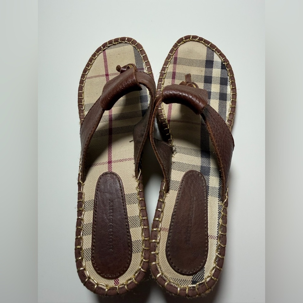 Burberry Nova Check Brown Leather Espadrille Thong Wedge Sandals Size EU 40 - Picture 5 of 12